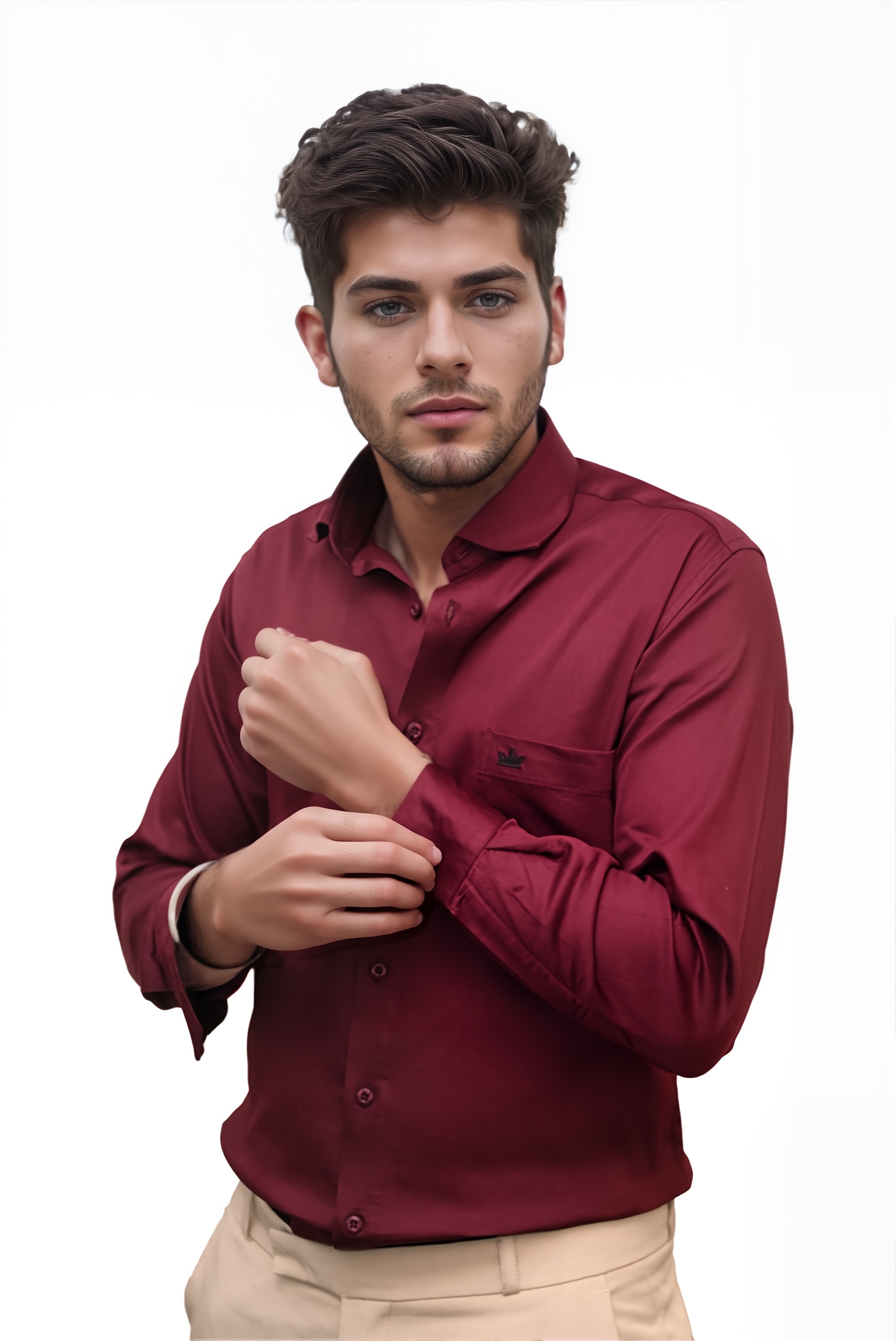 Men’s Maroon Colour Cotton-Satin Lycra Shirt – Slim Fit, 2-Way Stretch, Smart & Club Wear