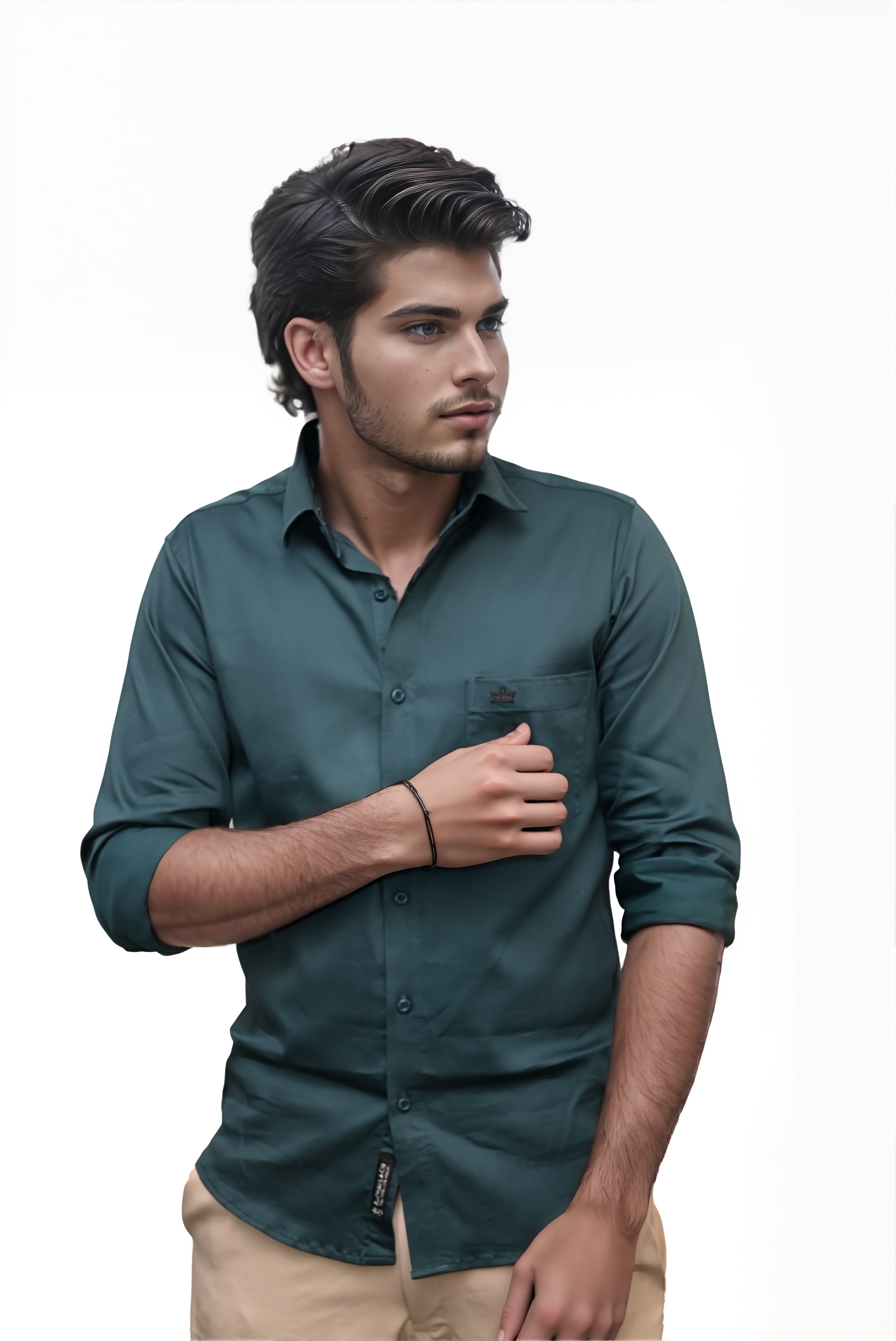 Men’s Dark Green Colour Cotton-Satin Lycra Shirt – Slim Fit, 2-Way Stretch, Smart & Club Wear