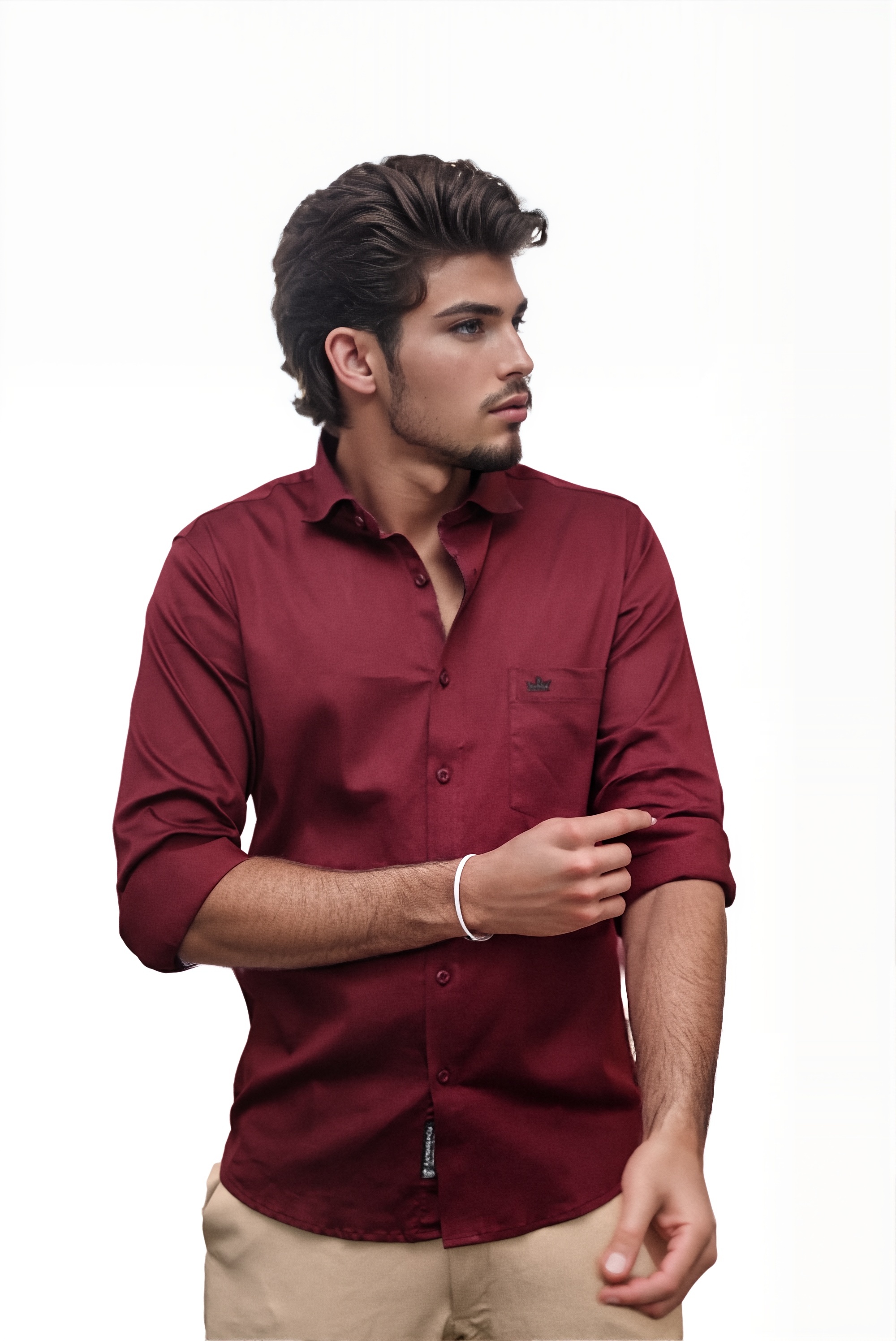 Men’s Maroon Colour Cotton-Satin Lycra Shirt – Slim Fit, 2-Way Stretch, Smart & Club Wear