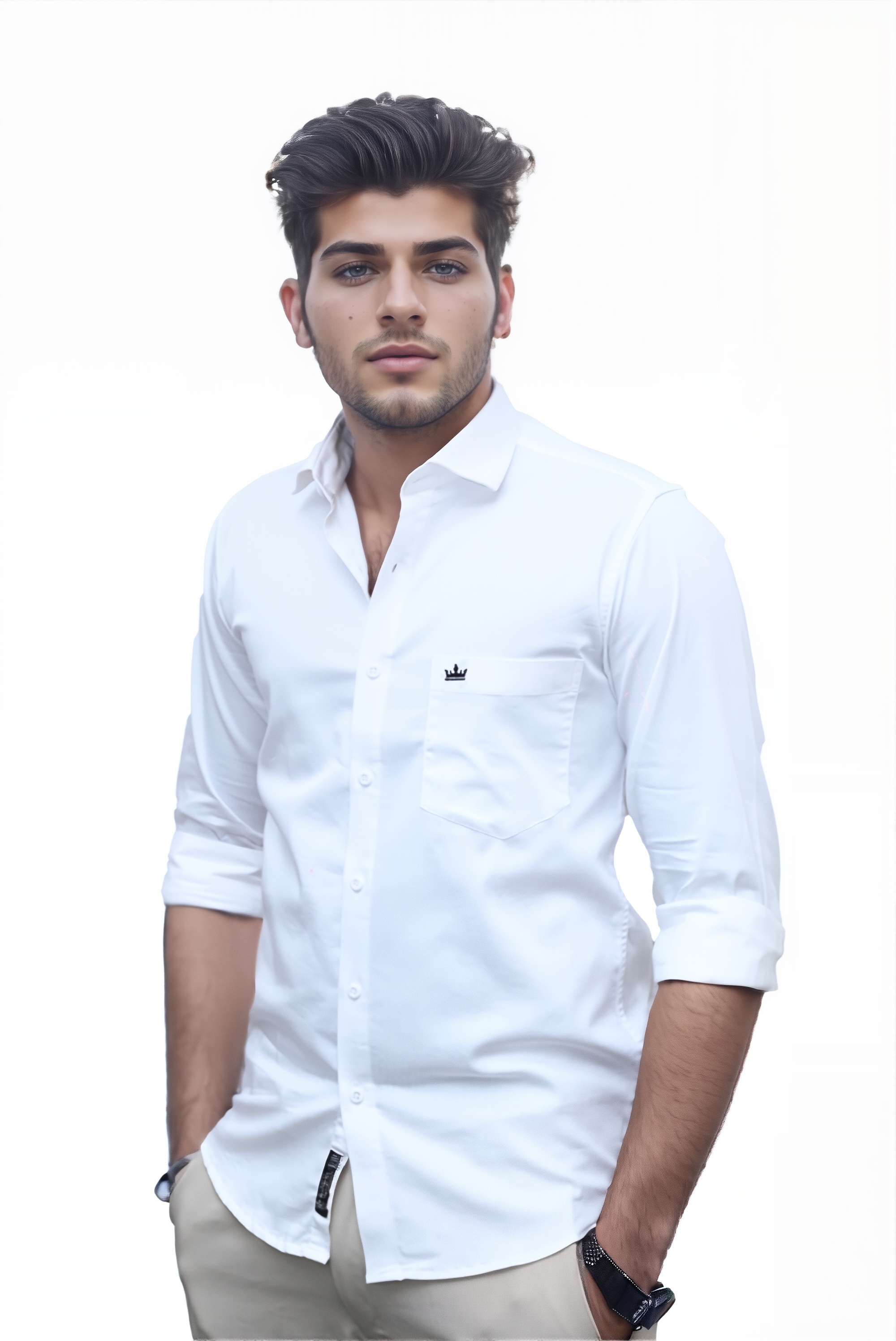 Men’s White Colour Cotton-Satin Lycra Shirt – Slim Fit, 2-Way Stretch, Smart & Club Wear