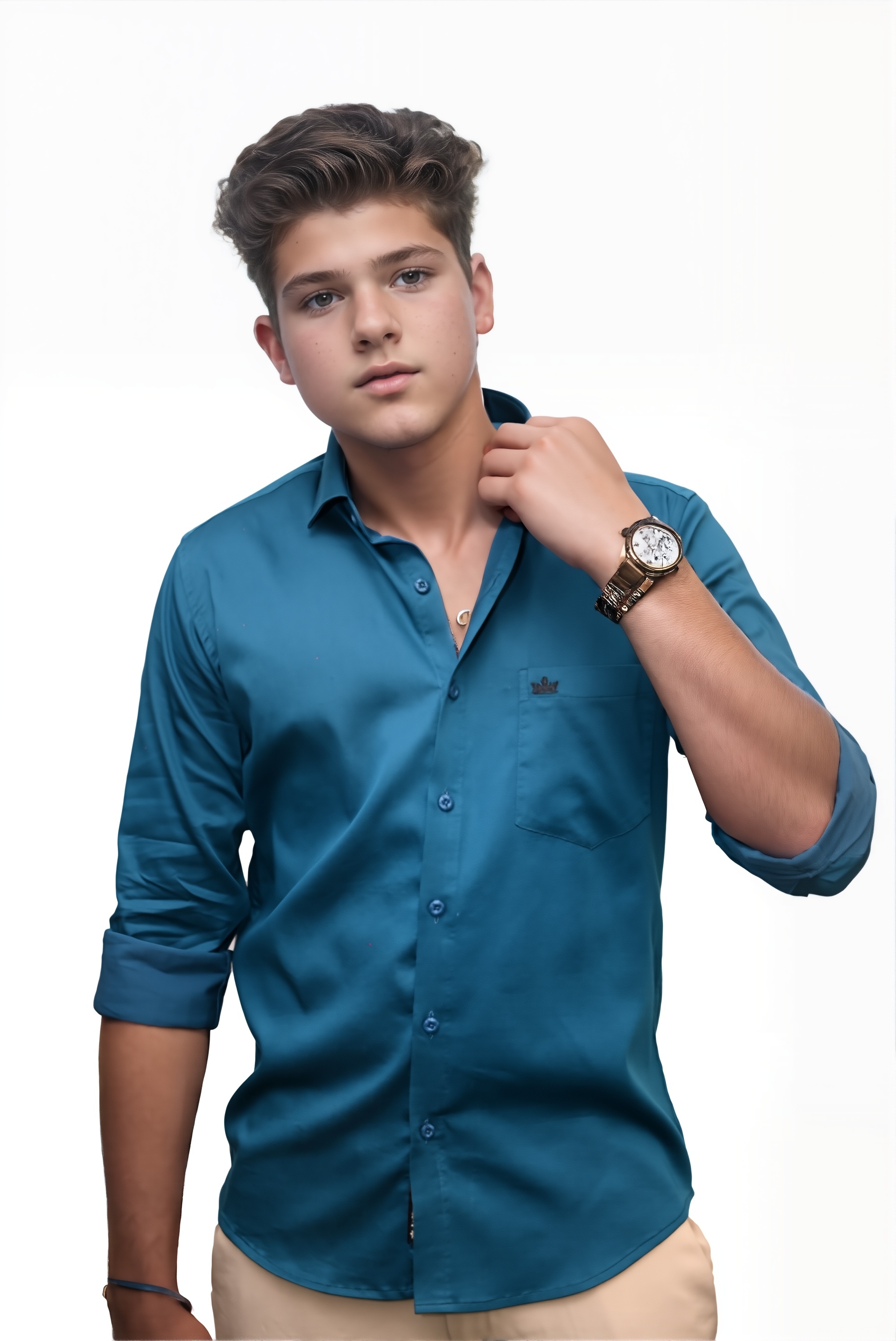 Men’s Teal Colour Cotton-Satin Lycra Shirt – Slim Fit, 2-Way Stretch, Smart & Club Wear