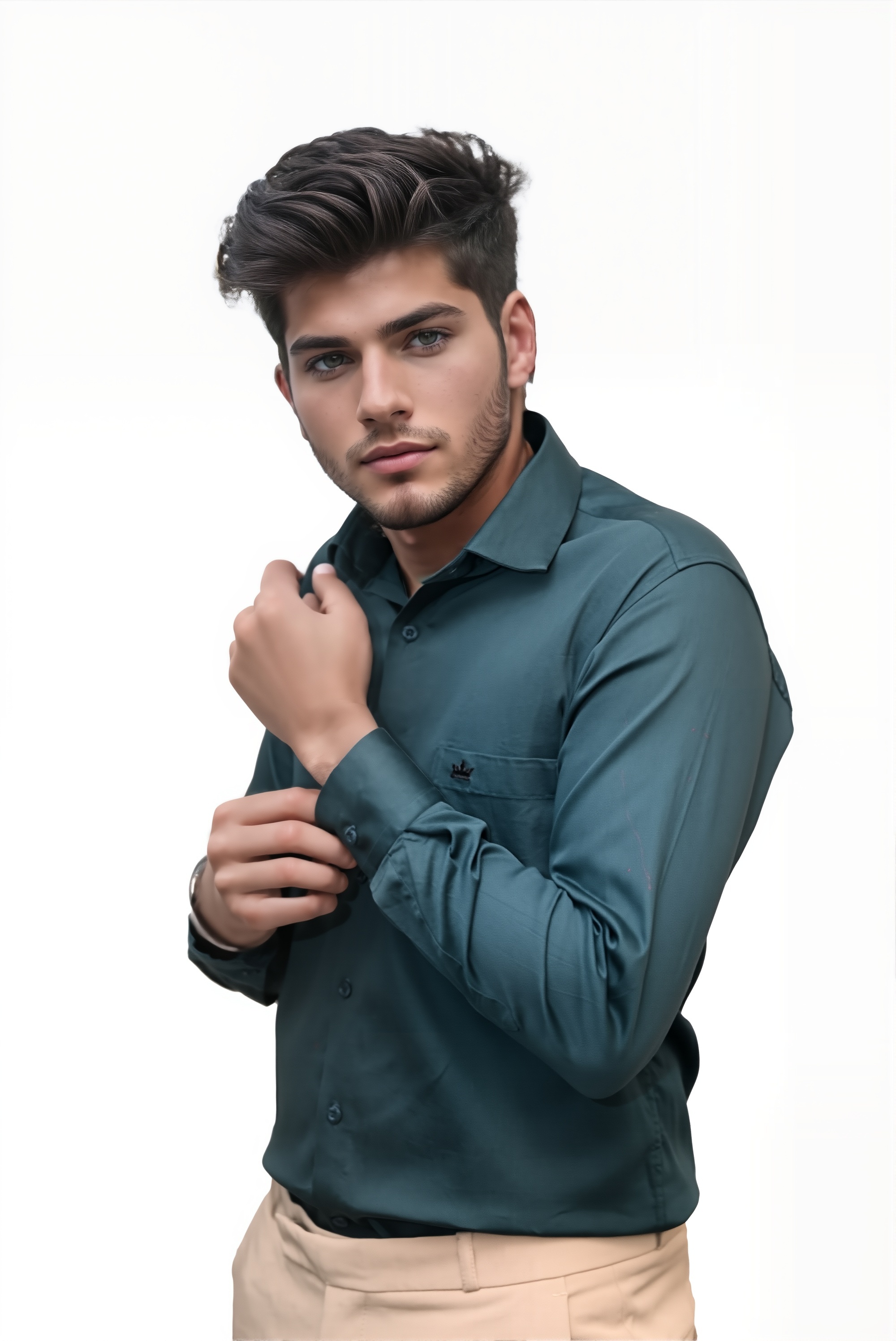 Men’s Dark Green Colour Cotton-Satin Lycra Shirt – Slim Fit, 2-Way Stretch, Smart & Club Wear