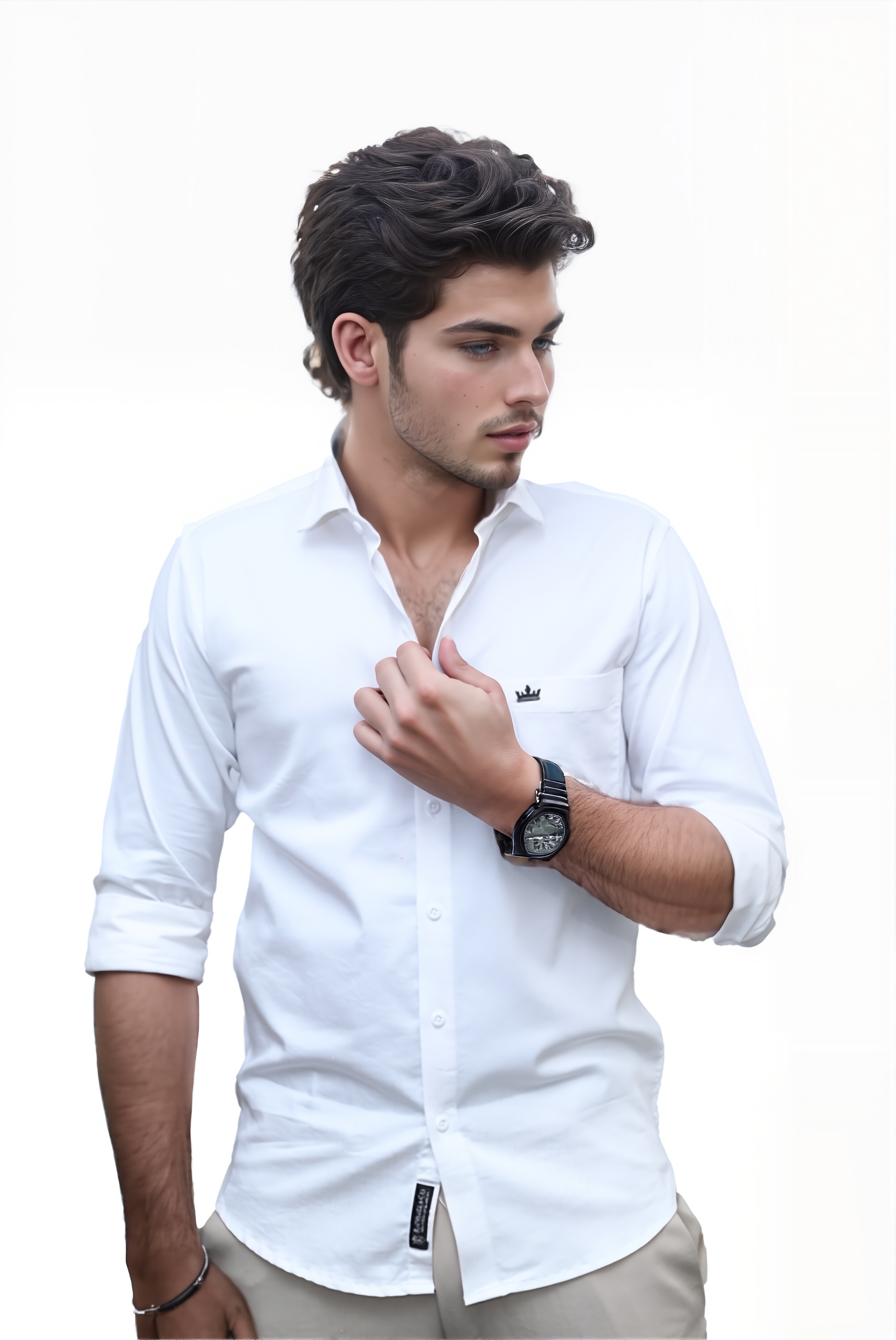 Men’s White Colour Cotton-Satin Lycra Shirt – Slim Fit, 2-Way Stretch, Smart & Club Wear