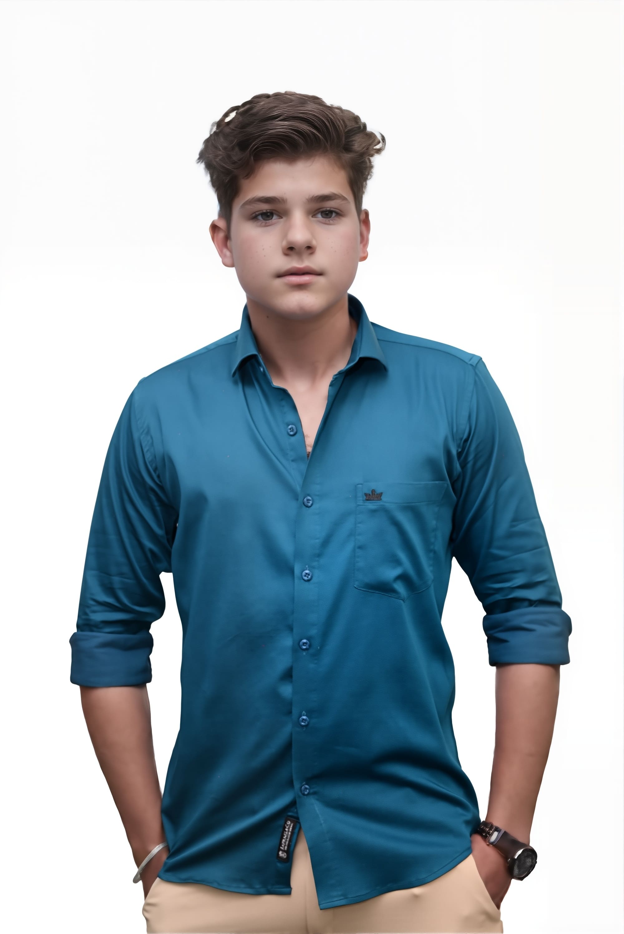 Men’s Teal Colour Cotton-Satin Lycra Shirt – Slim Fit, 2-Way Stretch, Smart & Club Wear